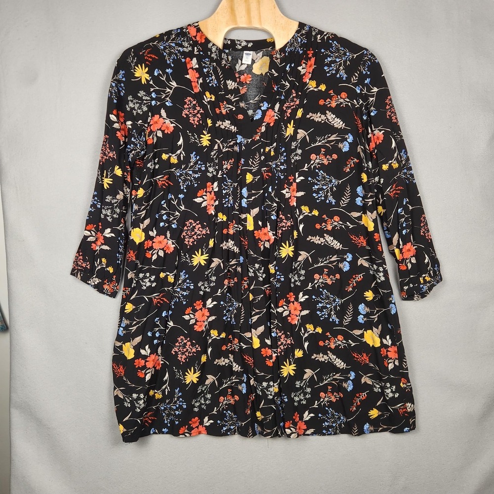 Old Navy Tunic Top Womens 2XL Black Floral Split Neck 3/4 Sleeve Rayon Boho